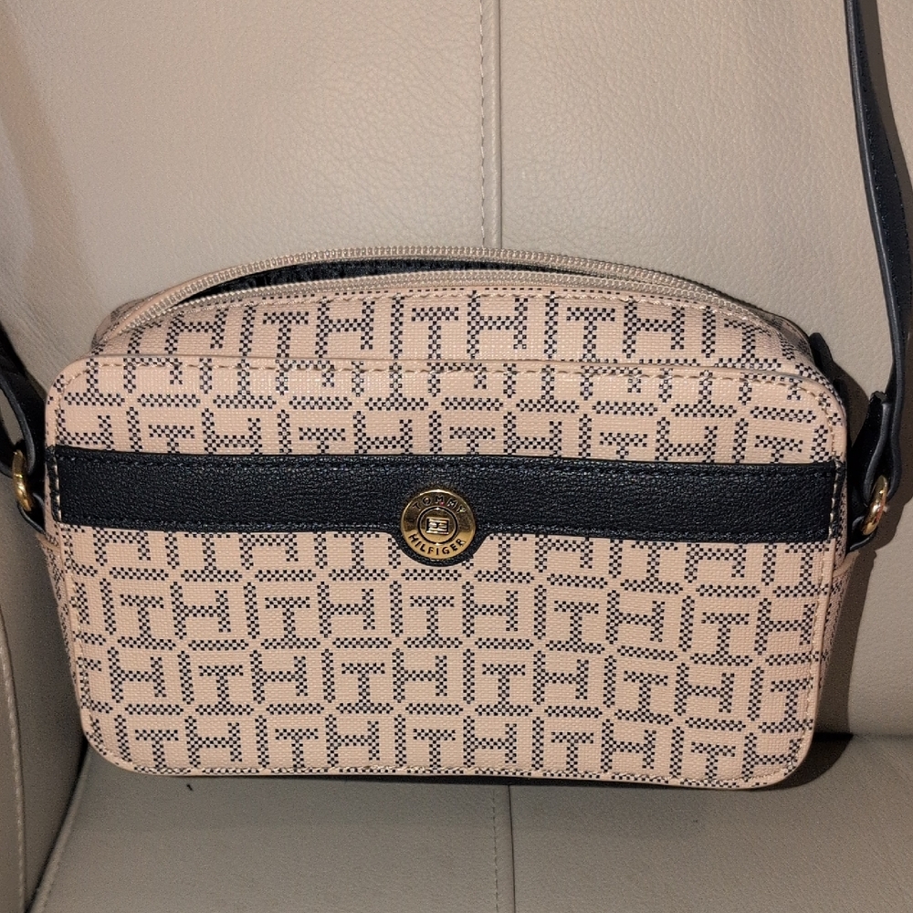 Tommy Hilfiger Beige and Black Patterned Crossbody Bag